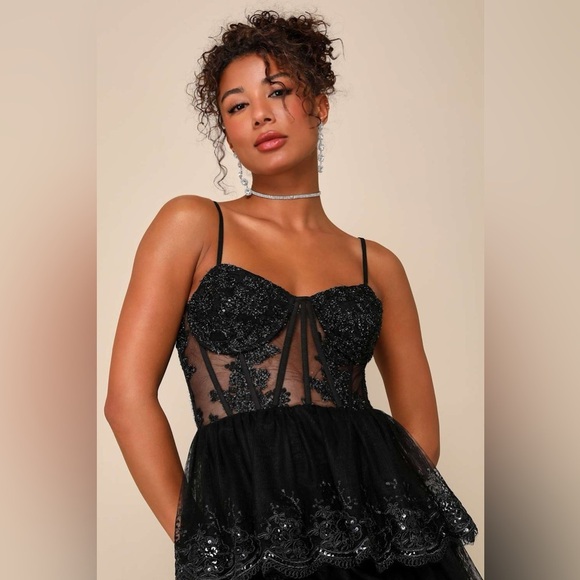 LULU’S Alluring Sensation Black Tulle Embroidered Tiered Maxi Dress - Picture 4 of 5